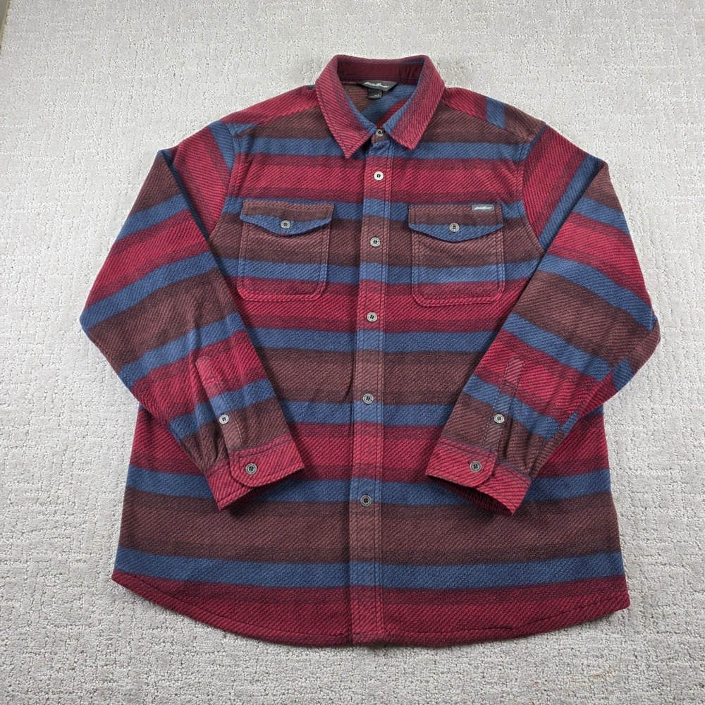 Eddie Bauer Mens Large Fleece Long Sleeve Red Blue Brown Button Down Shirt Fall